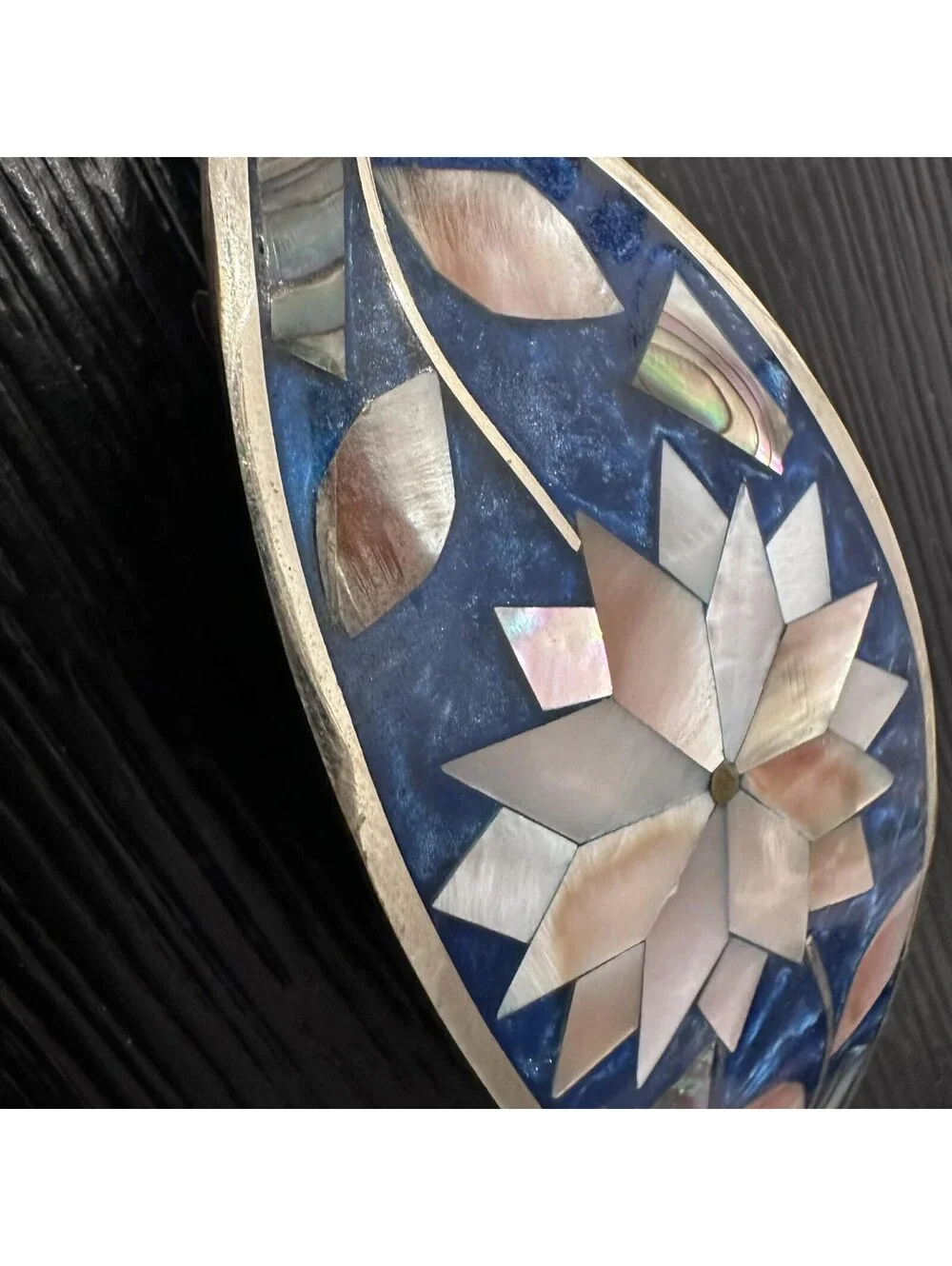 Vintage Alpaca Mexico Mother Of Pearl Abalone Inlay Floral Barrette Hair Clip